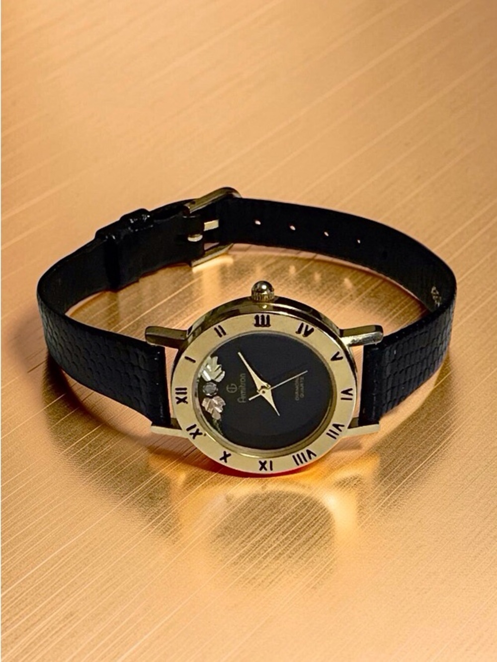 Armitron Black Hills Gold Diamond Watch with Black Leather Strap